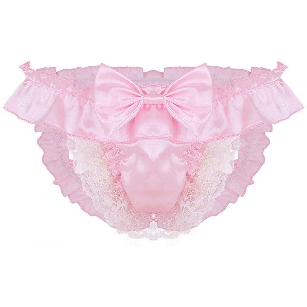 G-Strings & Thongs Men's Frilly Satin Ruffled High Cut G-String Thong Girlie Sissy Pouch Panties Underwear - Pink - C9199XE384D