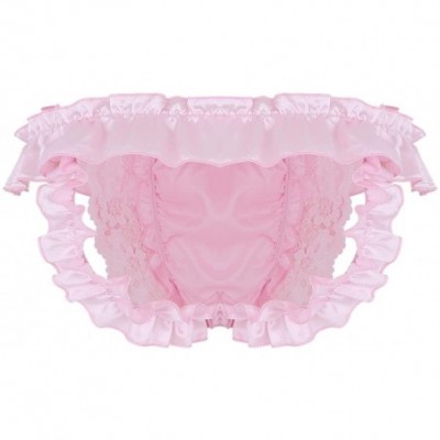 G-Strings & Thongs Men's Frilly Satin Ruffled High Cut G-String Thong Girlie Sissy Pouch Panties Underwear - Pink - C9199XE384D