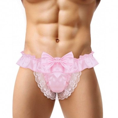 G-Strings & Thongs Men's Frilly Satin Ruffled High Cut G-String Thong Girlie Sissy Pouch Panties Underwear - Pink - C9199XE384D