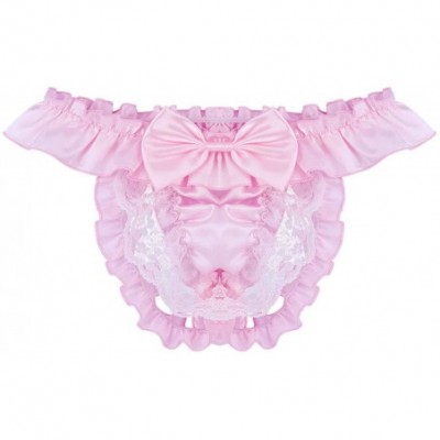 G-Strings & Thongs Men's Frilly Satin Ruffled High Cut G-String Thong Girlie Sissy Pouch Panties Underwear - Pink - C9199XE384D