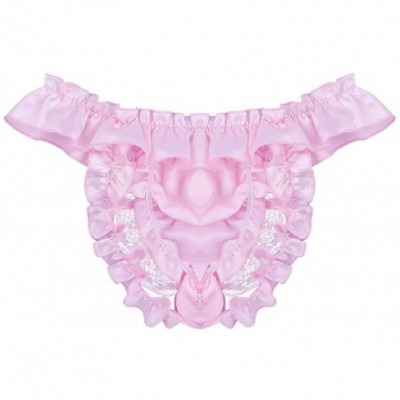 G-Strings & Thongs Men's Frilly Satin Ruffled High Cut G-String Thong Girlie Sissy Pouch Panties Underwear - Pink - C9199XE384D