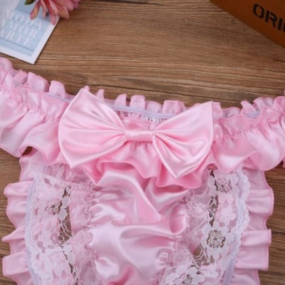 G-Strings & Thongs Men's Frilly Satin Ruffled High Cut G-String Thong Girlie Sissy Pouch Panties Underwear - Pink - C9199XE384D