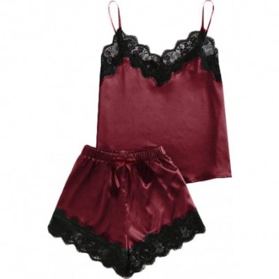 Sets Women Satin Pajamas Set Silk Lace Sleepwear Cami Nightwear Shorts Lingerie 2 Pcs Pajamas - Wine Red21 - CX18UYU896R