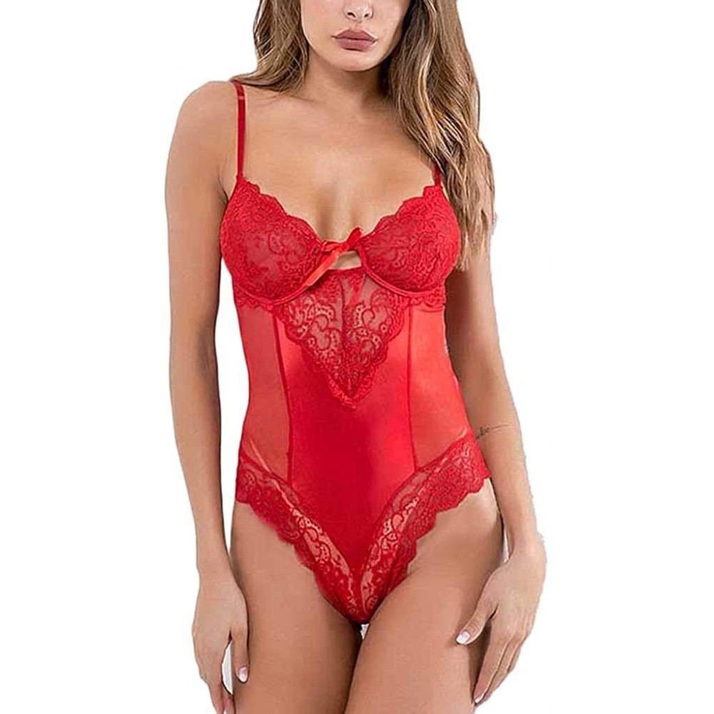 Baby Dolls & Chemises Women Sexy Lace Lingerie Bodysuit Backless Jumpsuit Red Underwear Bodysuit Snap Crotch Lingerie Teddy U...