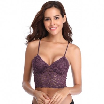 Bras Women's Floral Lace Bralette Removable Padded Wirefree Longline Bra Bustier - Purple - CT18NW69ZXT