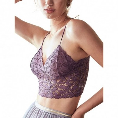 Bras Women's Floral Lace Bralette Removable Padded Wirefree Longline Bra Bustier - Purple - CT18NW69ZXT