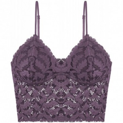 Bras Women's Floral Lace Bralette Removable Padded Wirefree Longline Bra Bustier - Purple - CT18NW69ZXT