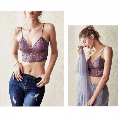 Bras Women's Floral Lace Bralette Removable Padded Wirefree Longline Bra Bustier - Purple - CT18NW69ZXT