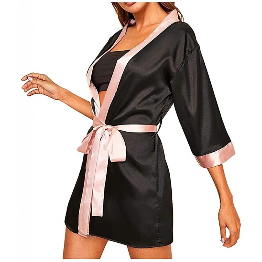 Robes Womens Long Sleeve Satin Pajamas Sleepwear Kimono Robe with Belt Bathrobe with Belt - Black - C81959YHW68