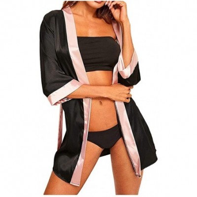 Robes Womens Long Sleeve Satin Pajamas Sleepwear Kimono Robe with Belt Bathrobe with Belt - Black - C81959YHW68