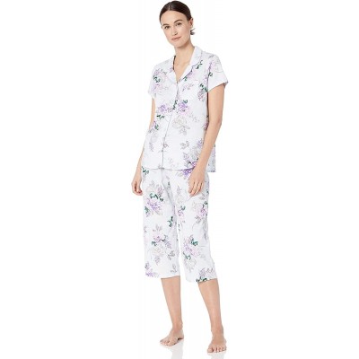 Sets Women's Short-Sleeve Girlfriend Crop Pajama Set PJ - Purple and White Floral Ice Blue - CB18QW50Q7E