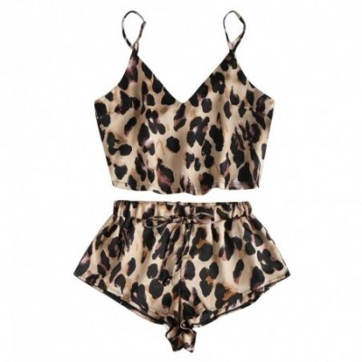 Sets Womens Sexy Sleepwear 2Pcs Satin Leopard Pajamas Set Camisole and Cute Shorts Underwear Lingerie - Brown - C8190TGWHUH