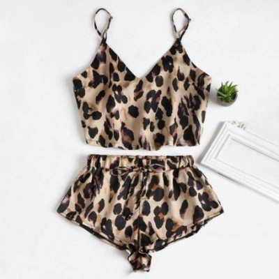 Sets Womens Sexy Sleepwear 2Pcs Satin Leopard Pajamas Set Camisole and Cute Shorts Underwear Lingerie - Brown - C8190TGWHUH