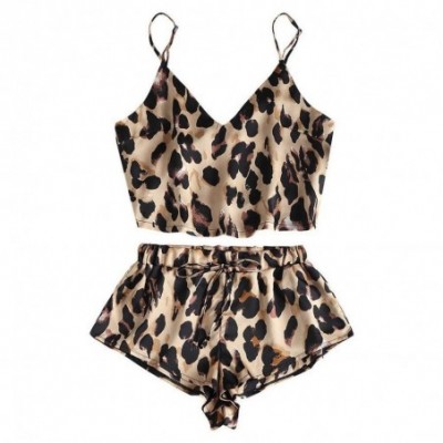 Sets Womens Sexy Sleepwear 2Pcs Satin Leopard Pajamas Set Camisole and Cute Shorts Underwear Lingerie - Brown - C8190TGWHUH