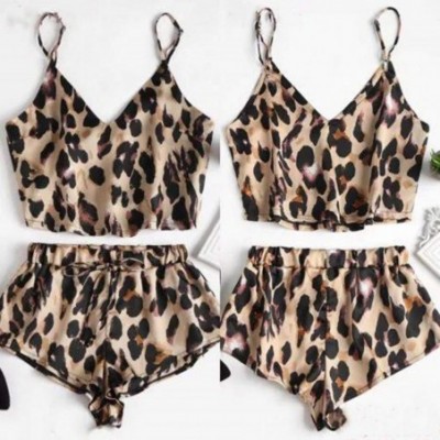 Sets Womens Sexy Sleepwear 2Pcs Satin Leopard Pajamas Set Camisole and Cute Shorts Underwear Lingerie - Brown - C8190TGWHUH