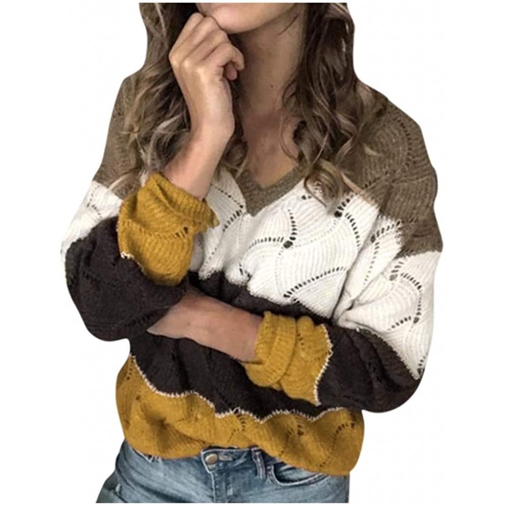 Thermal Underwear Womens Knitted Loose Sweater Color Matching Shirts Casual Blouse Pullover - B-yellow - CY18T0ACK6T