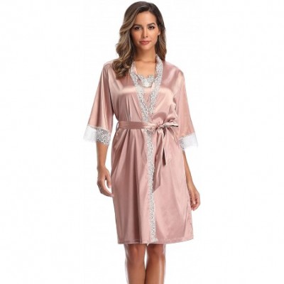 Nightgowns & Sleepshirts Women's Satin Silk Lace Kimono Robes Pajamas Set Bridesmaids Nightgown Sleepwear - Pale Mauve(robe) ...