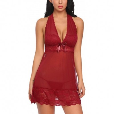 Baby Dolls & Chemises Women Lingerie Lace Babydoll Spaghetti Strap Nightie Mini Sleepwear - Style-4-dark Red - CV18LYQ9ATN