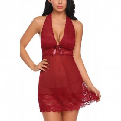 Baby Dolls & Chemises Women Lingerie Lace Babydoll Spaghetti Strap Nightie Mini Sleepwear - Style-4-dark Red - CV18LYQ9ATN