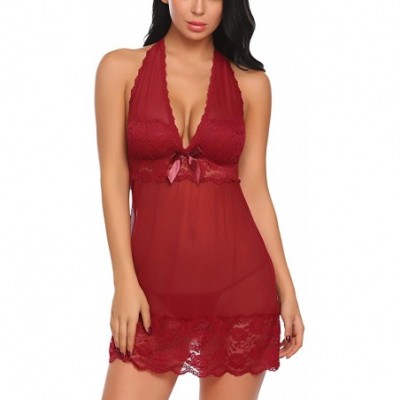 Baby Dolls & Chemises Women Lingerie Lace Babydoll Spaghetti Strap Nightie Mini Sleepwear - Style-4-dark Red - CV18LYQ9ATN