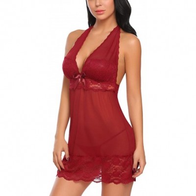 Baby Dolls & Chemises Women Lingerie Lace Babydoll Spaghetti Strap Nightie Mini Sleepwear - Style-4-dark Red - CV18LYQ9ATN