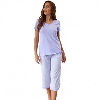 Sets Women's cotton capri pajama sets plus size ladies short sleeve sleepwear with pocket soft pjs - Purple - CN1938KO7I5