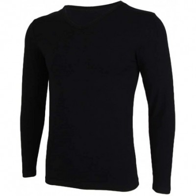 Thermal Underwear Men's Cotton Thermal Underwear Tops Long Sleeve V Neck Shirts - Black - C718AQRZWW6