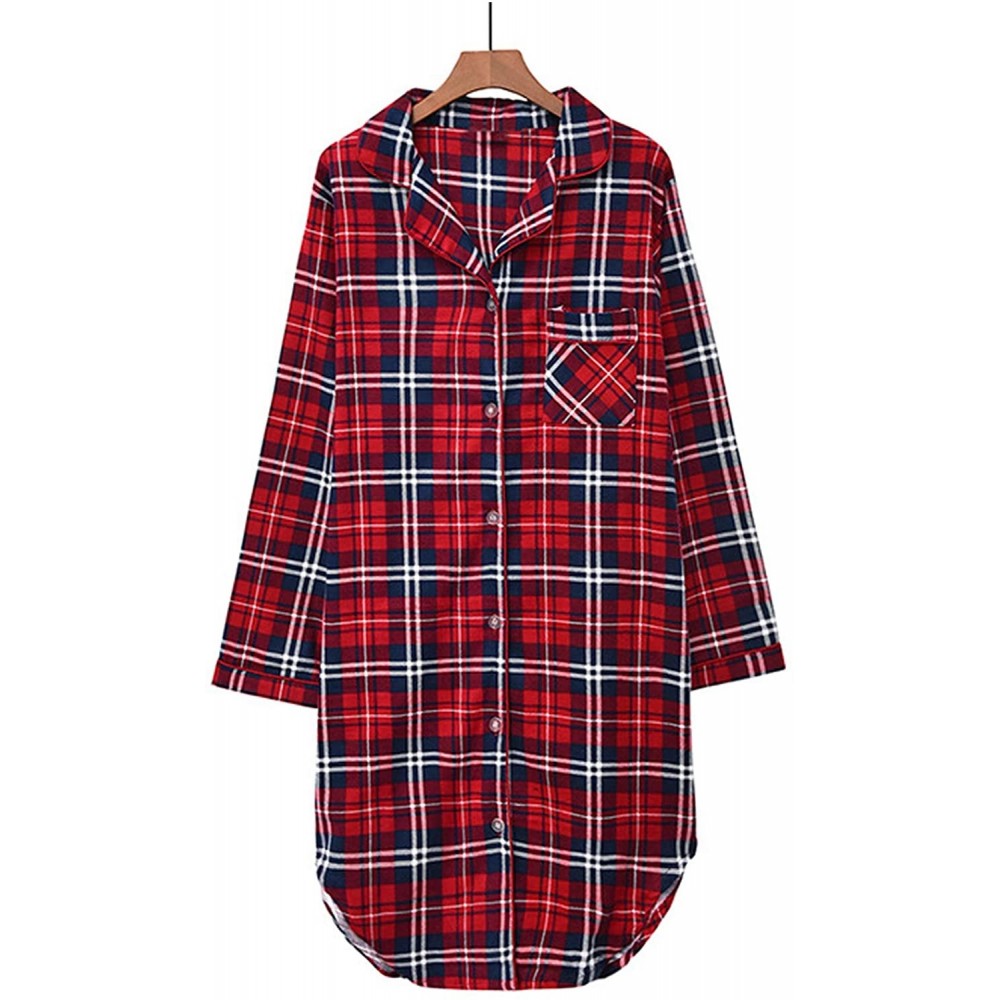 Nightgowns & Sleepshirts Womens Cute Pattern Sleepshirt 100% Cotton Sleepwear Button-up Shirt Dress Lounge Nightshirt - Red -...