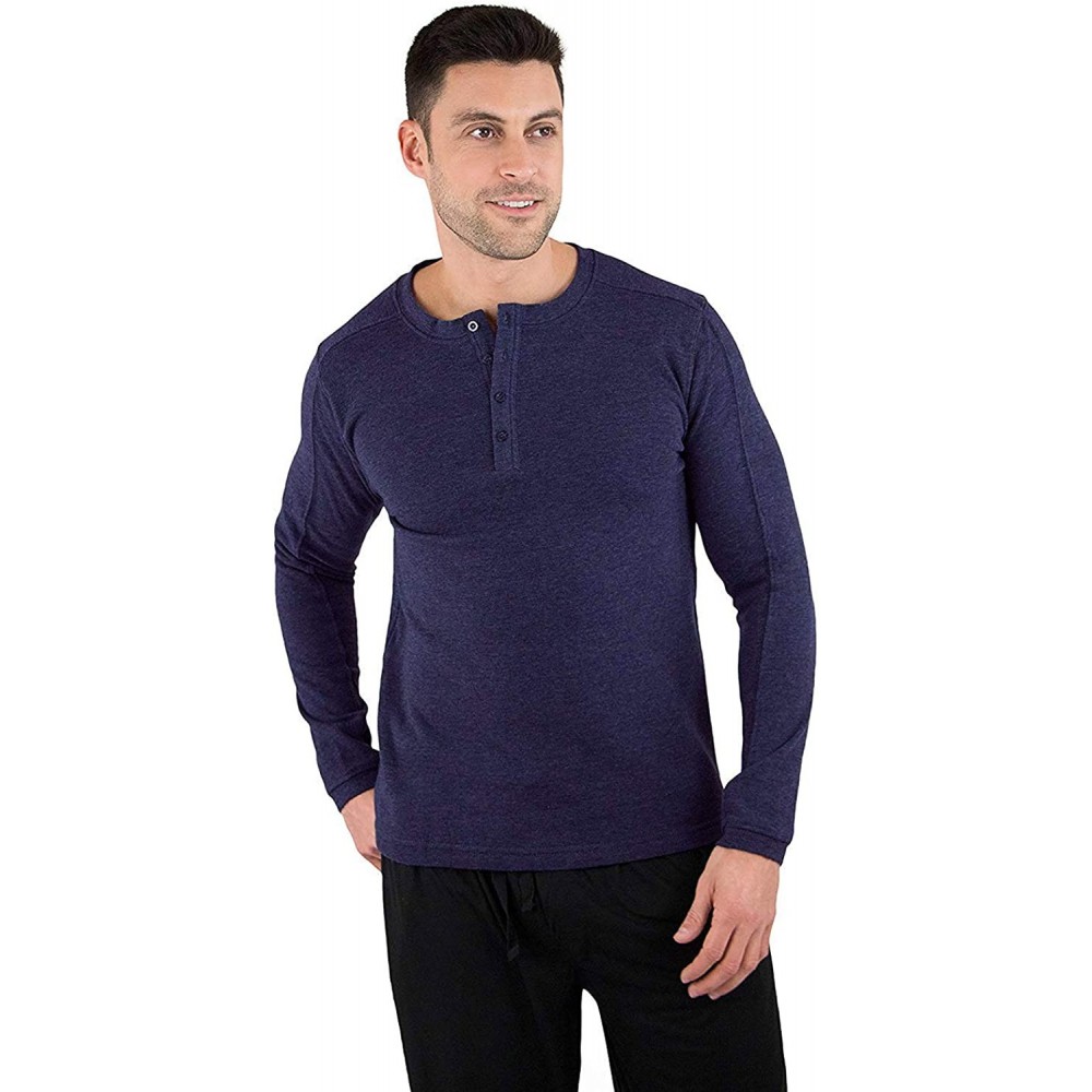 Sleep Sets Mens Fleece Henley Pajama Sleep Top - Navy - CH18M7O4GCL