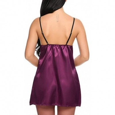 Bras Women Bow Silk Satin Lingerie Hollow Backless Nightdress Sleepwear Pajamas S-3XL - Purple - C1194T6TRH7