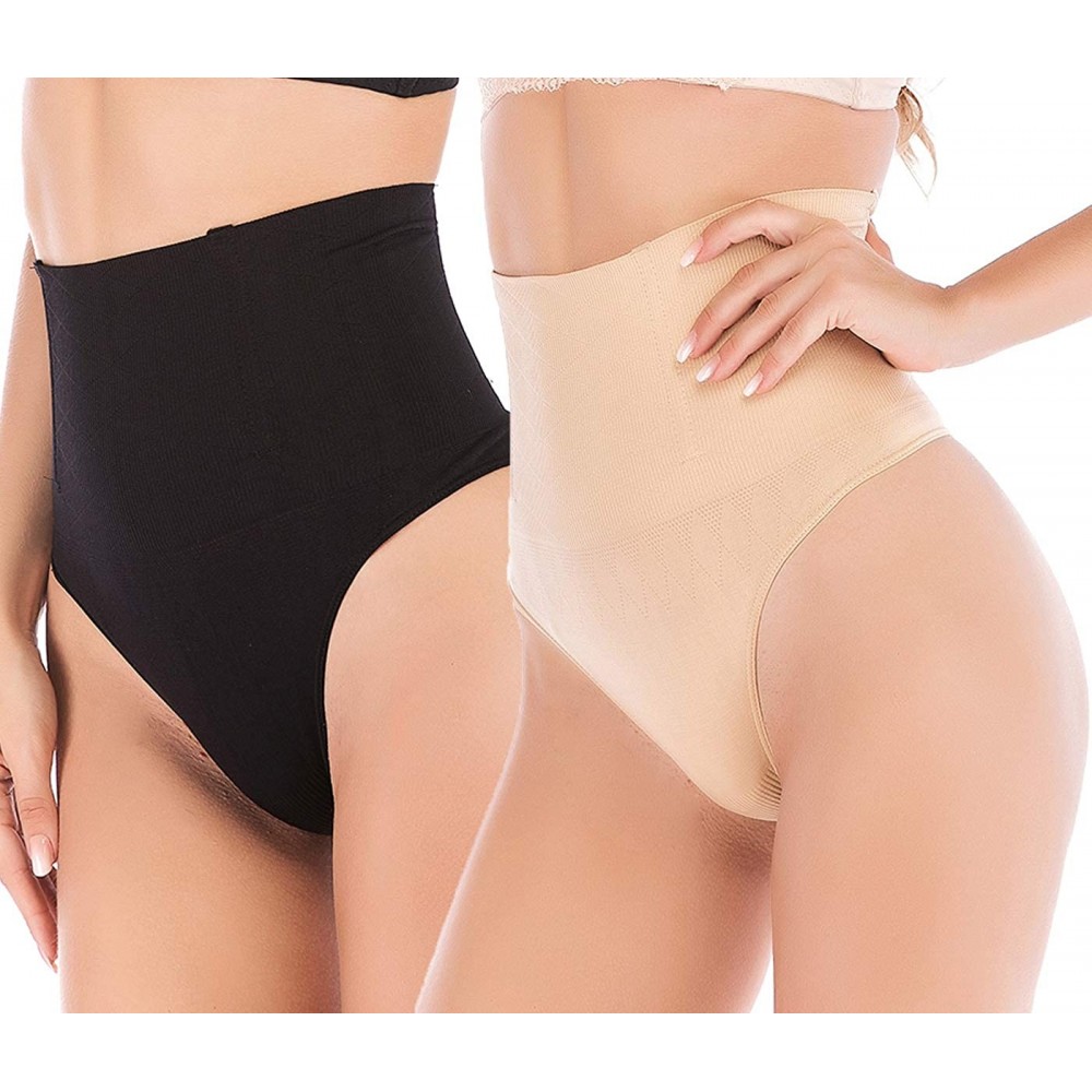 Shapewear Women Waist Cincher Girdle Tummy Control Thong Panty Slimmer Body Shaper - Black+beige(2 Pack) - C918UQSAGAN