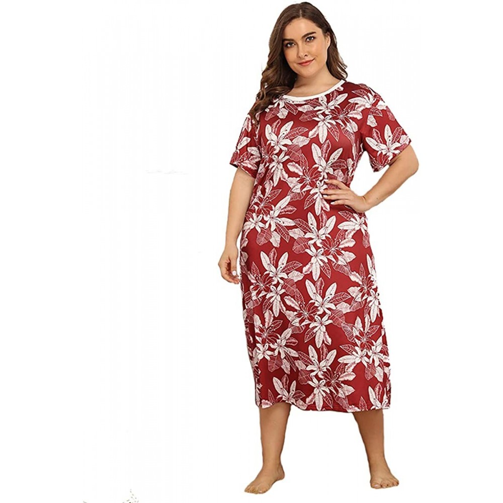 Nightgowns & Sleepshirts Women's Nightgown Short Sleeve Sleepshirts Dress Soft Lightweight Sleepwear - Red - C41970LXW7A