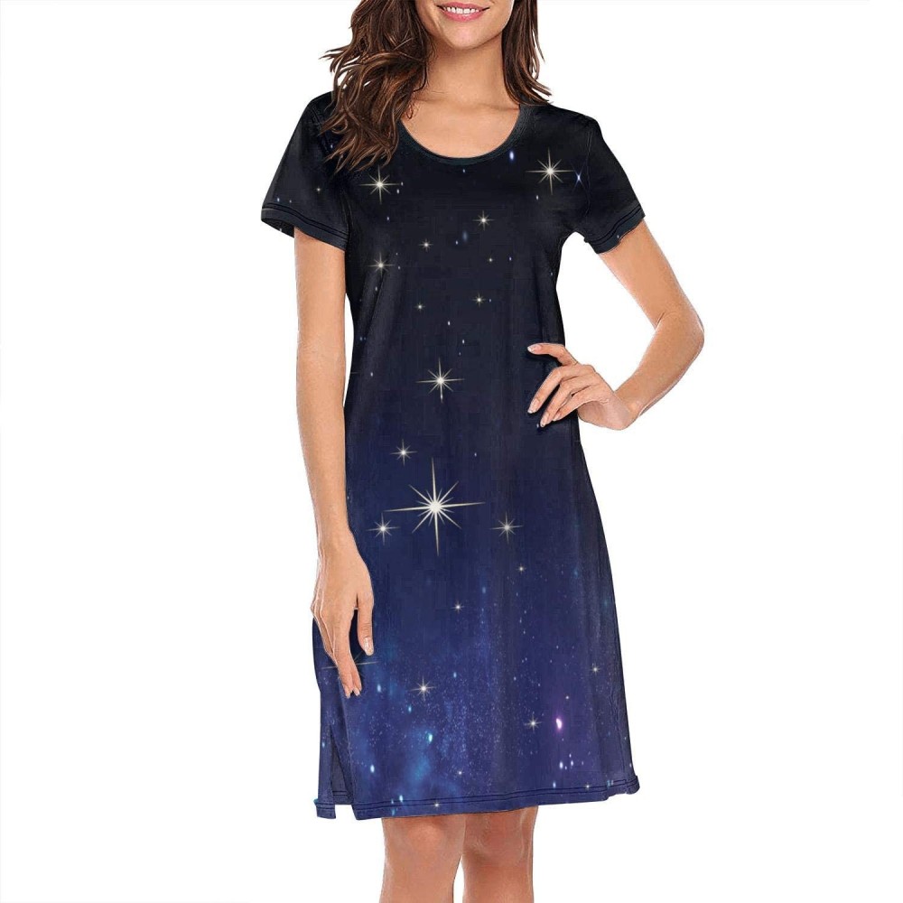 Nightgowns & Sleepshirts Women's Girls Crazy Nightgowns Nightdress Short Sleeve Sleepwear Cute Sleepdress - Black Galaxy - C1...