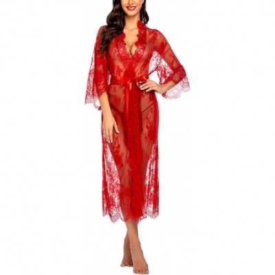 Baby Dolls & Chemises Women Sexy Long Lace Lingerie Kimono Robe Sheer Babydoll Nightgown Nightdress - Red - C4194TC9HUN