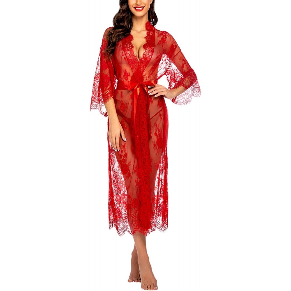 Baby Dolls & Chemises Women Sexy Long Lace Lingerie Kimono Robe Sheer Babydoll Nightgown Nightdress - Red - C4194TC9HUN