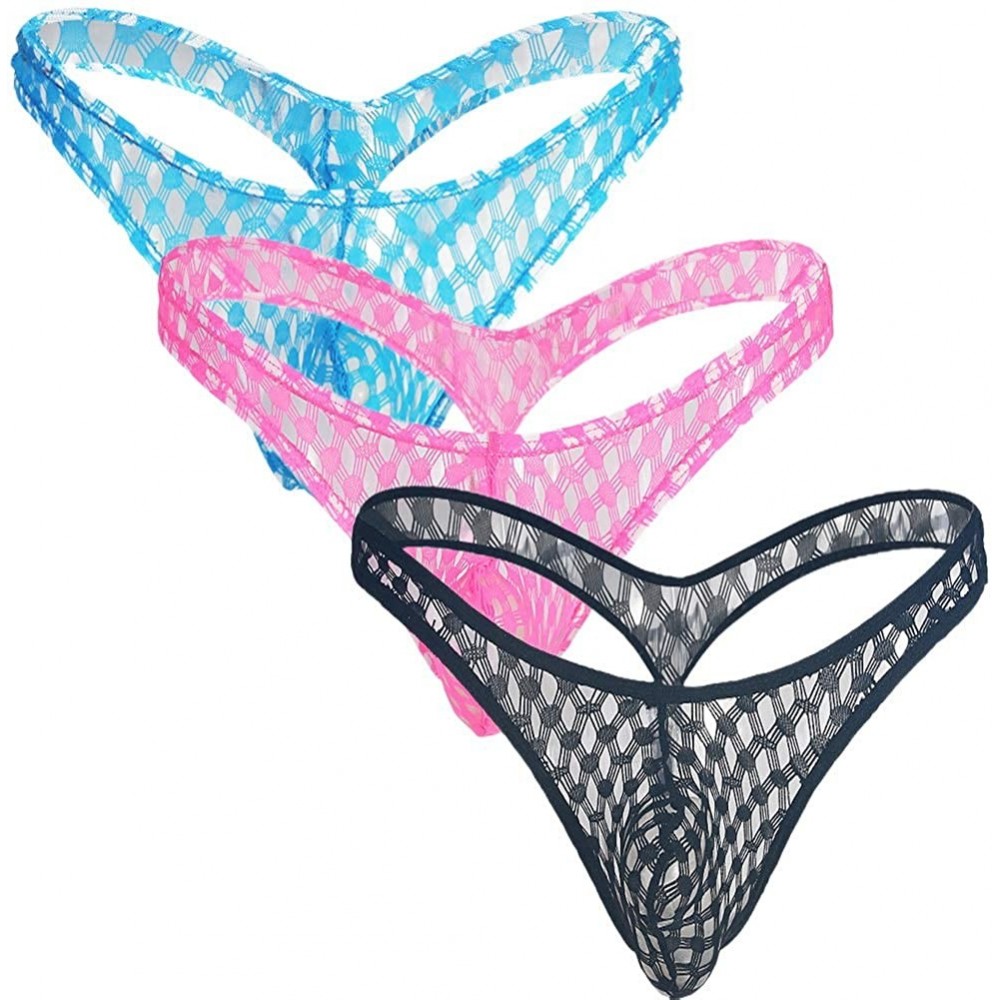 G-Strings & Thongs Men's Sexy Mesh Thong Full Transparent Breathable Underwear - Pi+bu+bk - C518WWD7K92