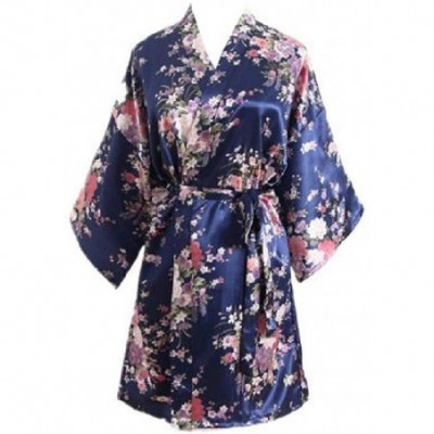 Tops Women Printed Kimono Sexy Waist Belted Short Sleeve Thin Sleepwear - Navy Blue - CD193E6SSGN