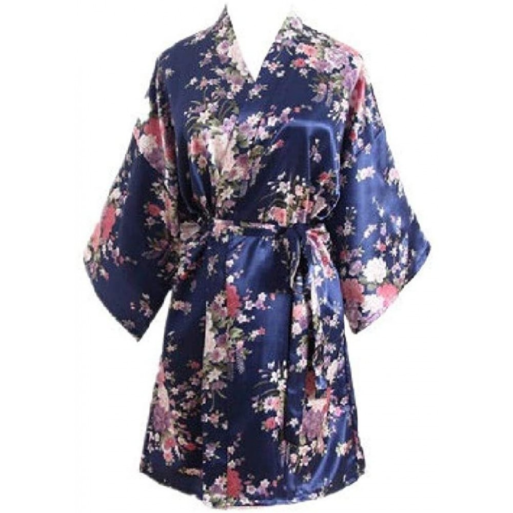 Tops Women Printed Kimono Sexy Waist Belted Short Sleeve Thin Sleepwear - Navy Blue - CD193E6SSGN