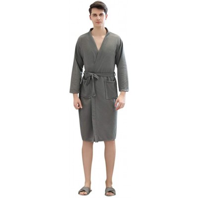 Robes Men Lightweight Waffle Bathrobe Kimono Waffle Robe Long Sleeve Spa Sleep Robe - Gray - C018ALODNGN