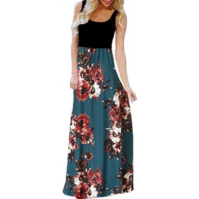 Shapewear 2018 Women Sleeveless Floral Print Maxi Long Dress with Pockets O-Neck Beach - Blue3 - C318SQWQ5WU