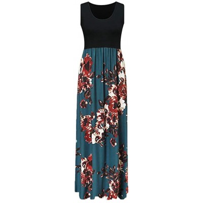 Shapewear 2018 Women Sleeveless Floral Print Maxi Long Dress with Pockets O-Neck Beach - Blue3 - C318SQWQ5WU