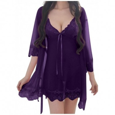 Bras Sexy Wireless Rimless Pajamas Lace Nightdress Silk Underwear Women Sleepwear - Dark Purple - C4196GZNOSU