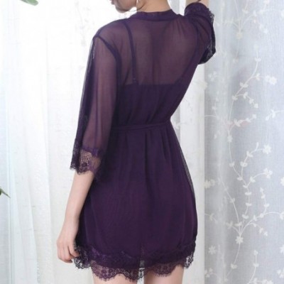 Bras Sexy Wireless Rimless Pajamas Lace Nightdress Silk Underwear Women Sleepwear - Dark Purple - C4196GZNOSU