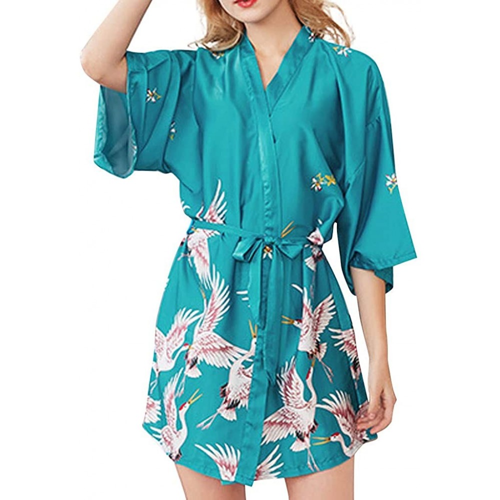 Robes Women Satin Robe Sexy Lace V-Neck Pure Color Silky Kimono Bathrobe Nightgown Sleepwear - Blue - CL194TENT4C