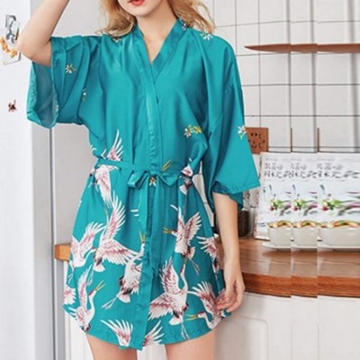 Robes Women Satin Robe Sexy Lace V-Neck Pure Color Silky Kimono Bathrobe Nightgown Sleepwear - Blue - CL194TENT4C