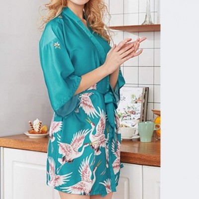 Robes Women Satin Robe Sexy Lace V-Neck Pure Color Silky Kimono Bathrobe Nightgown Sleepwear - Blue - CL194TENT4C