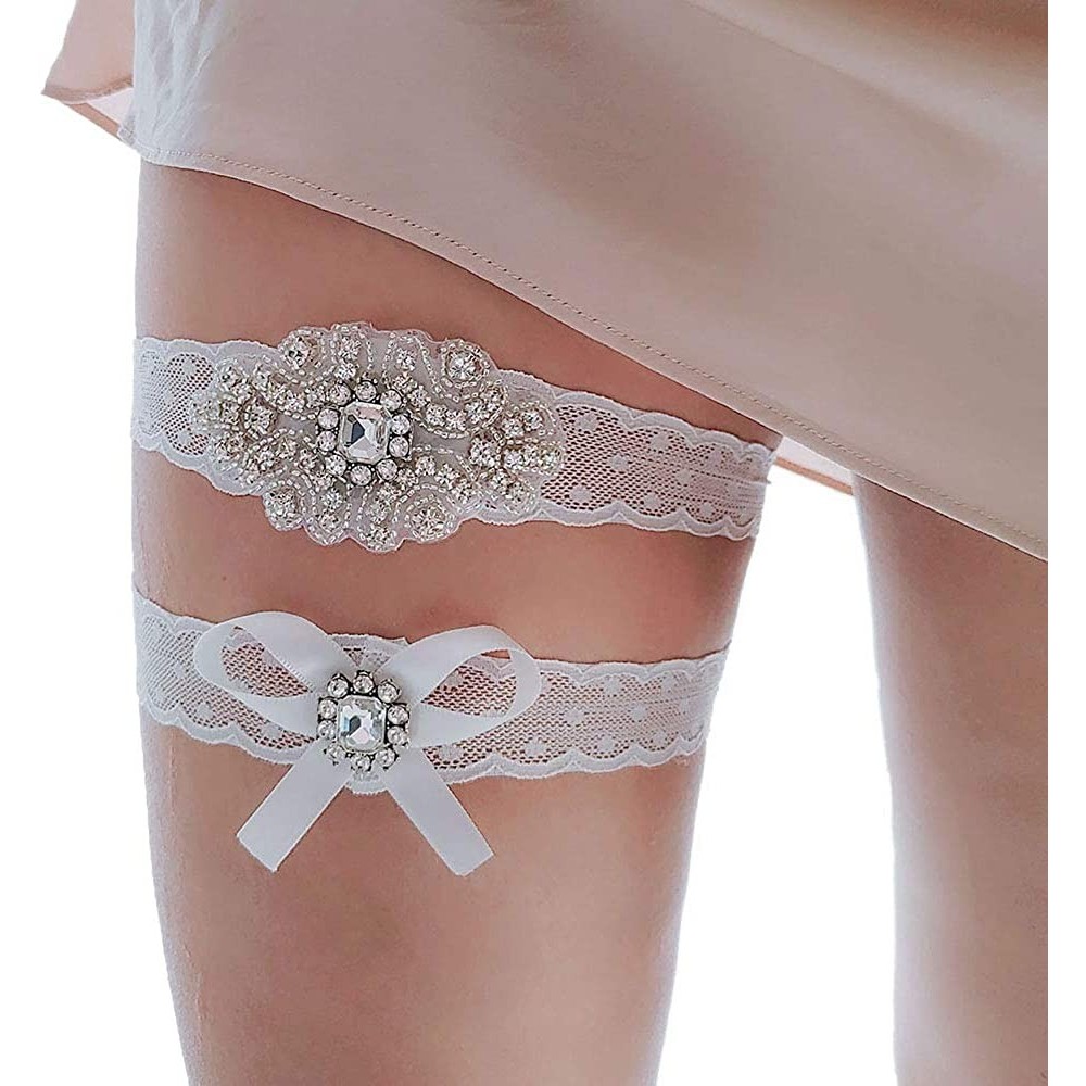 Garters & Garter Belts Sexy Rhinstones Lace Wedding Garters for Party Prom Throw Garter Set 2 Pcs - Yi-white - CM18UMNWMWY