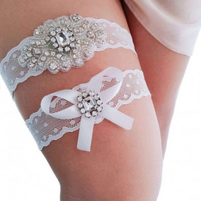 Garters & Garter Belts Sexy Rhinstones Lace Wedding Garters for Party Prom Throw Garter Set 2 Pcs - Yi-white - CM18UMNWMWY