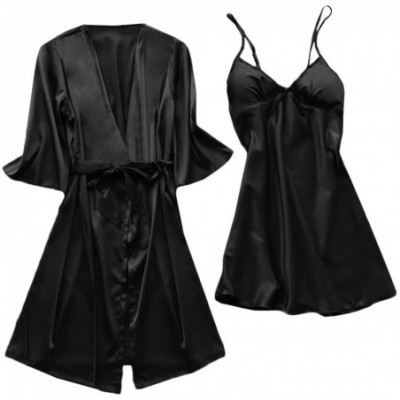 Robes Women Stain Lace Silk Lingerie Nightdress Robe Pajamas Bathrobe Sleepwear Set - Black - CK199UUS486