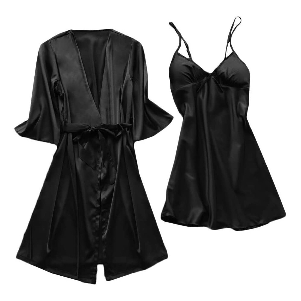 Robes Women Stain Lace Silk Lingerie Nightdress Robe Pajamas Bathrobe Sleepwear Set - Black - CK199UUS486